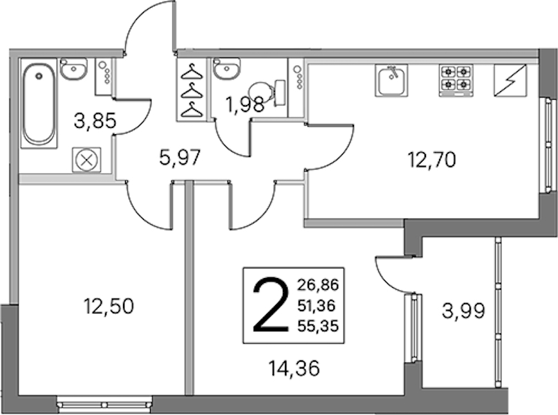 2-комнатная квартира 51.36 м², 1/5 эт., ЖК «ЮгТаун. Олимпийские кварталы»